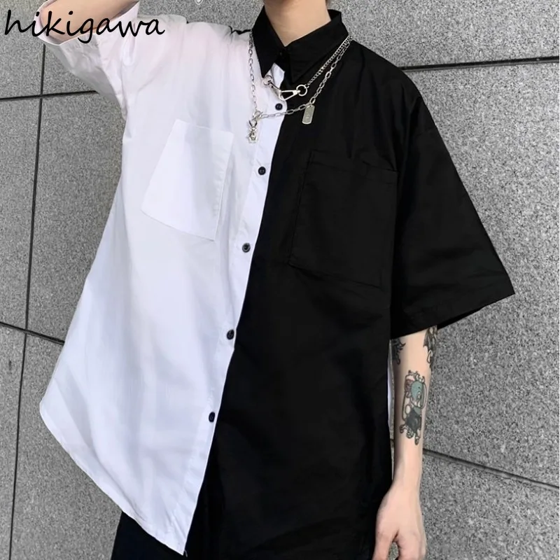 Hikigawa Blouses Women Summer Korean Harajuku BF Vintage Shirts Patchwork Loose Short Sleeve Blouse Streetwear Chic Blusas Mujer