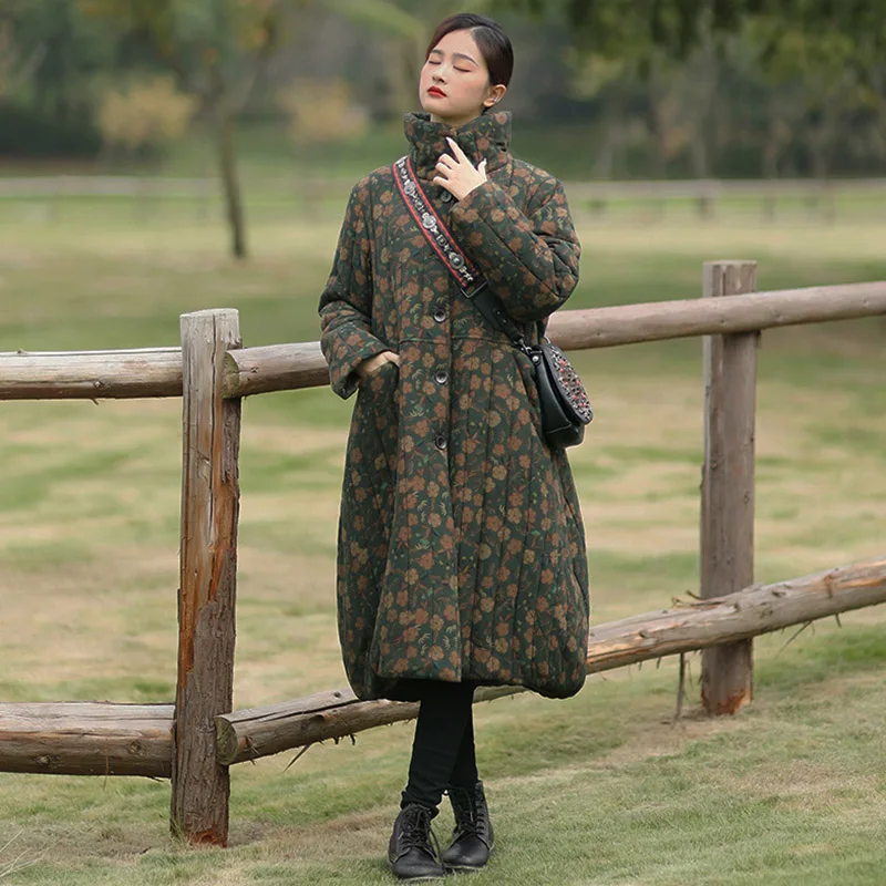 

Cotton Garden Style High Neck Fleece Lined Thick Long Jacket winter Retro Lantern Hem Mother Loose Boho Flower Coat with Pockets