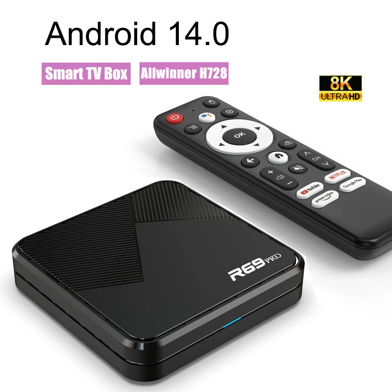 

TV Box R69 PRO Android 14 8K Wifi6 Allwinner H728 Voice Remote Media Player Home Set Top Box Smart Android TV Box