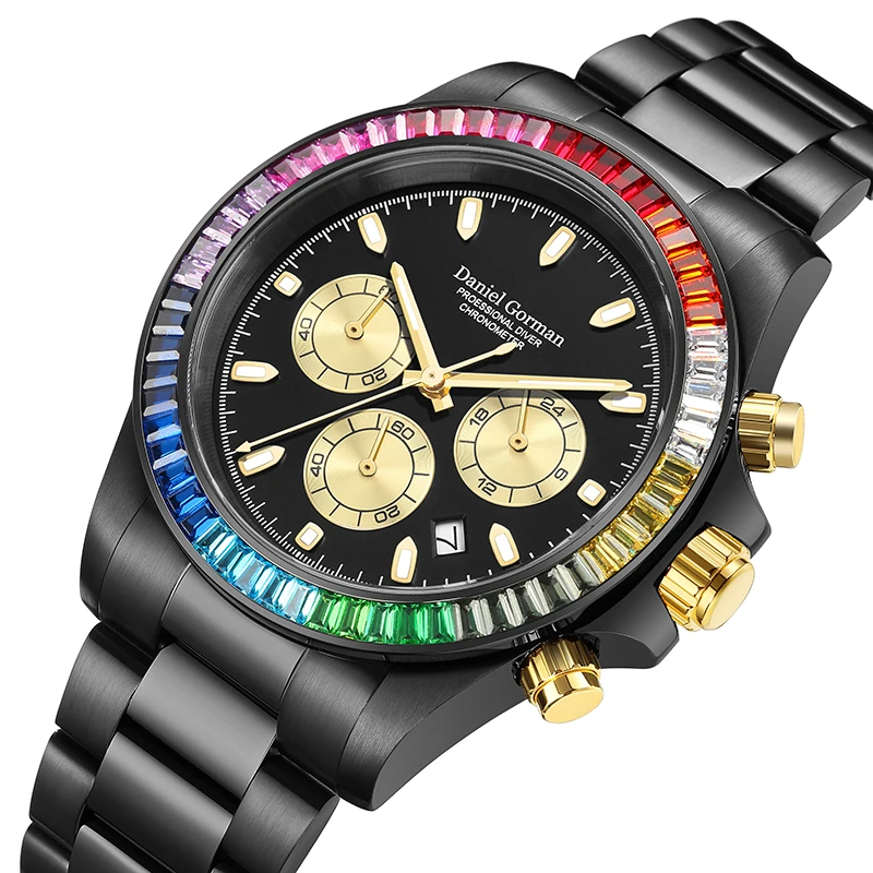 Luxury Watches for Men Chronograph Watch 43mm Sports Quartz Wristwatches Rainbow Diamond Bezel Waterproof Clocks Daniel Gorman