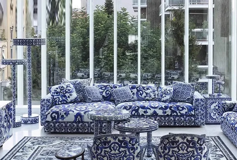 High-end villa luxury artistic fabric three-person sofa Light luxury Chinese blue and white porcelain fabric sofa