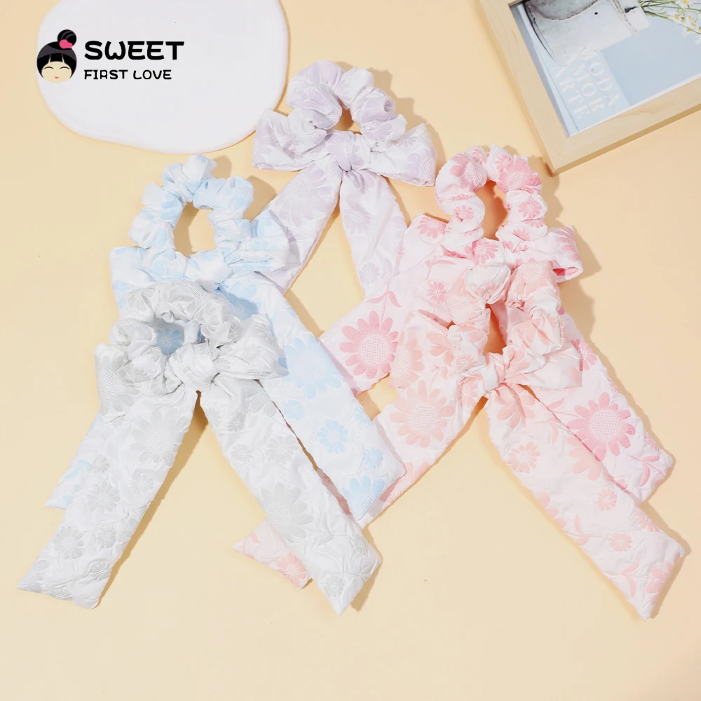 Fashion Long Streamer Elastic Hair Bands Ribbon Bowknot Hair Ties Girls Ponytail Holder Headwear Colorful Hair Accessories