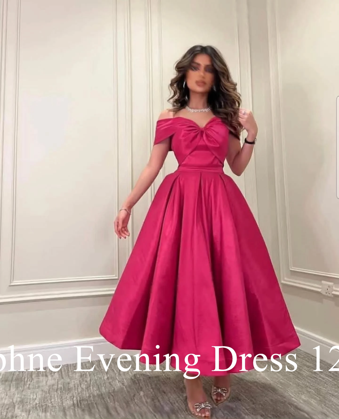 Customized Classic Off the Shoulder Short Sleeves Bow Evening Dresses Temperament Pleats Satin Vestido De Noche Vestido De Festa