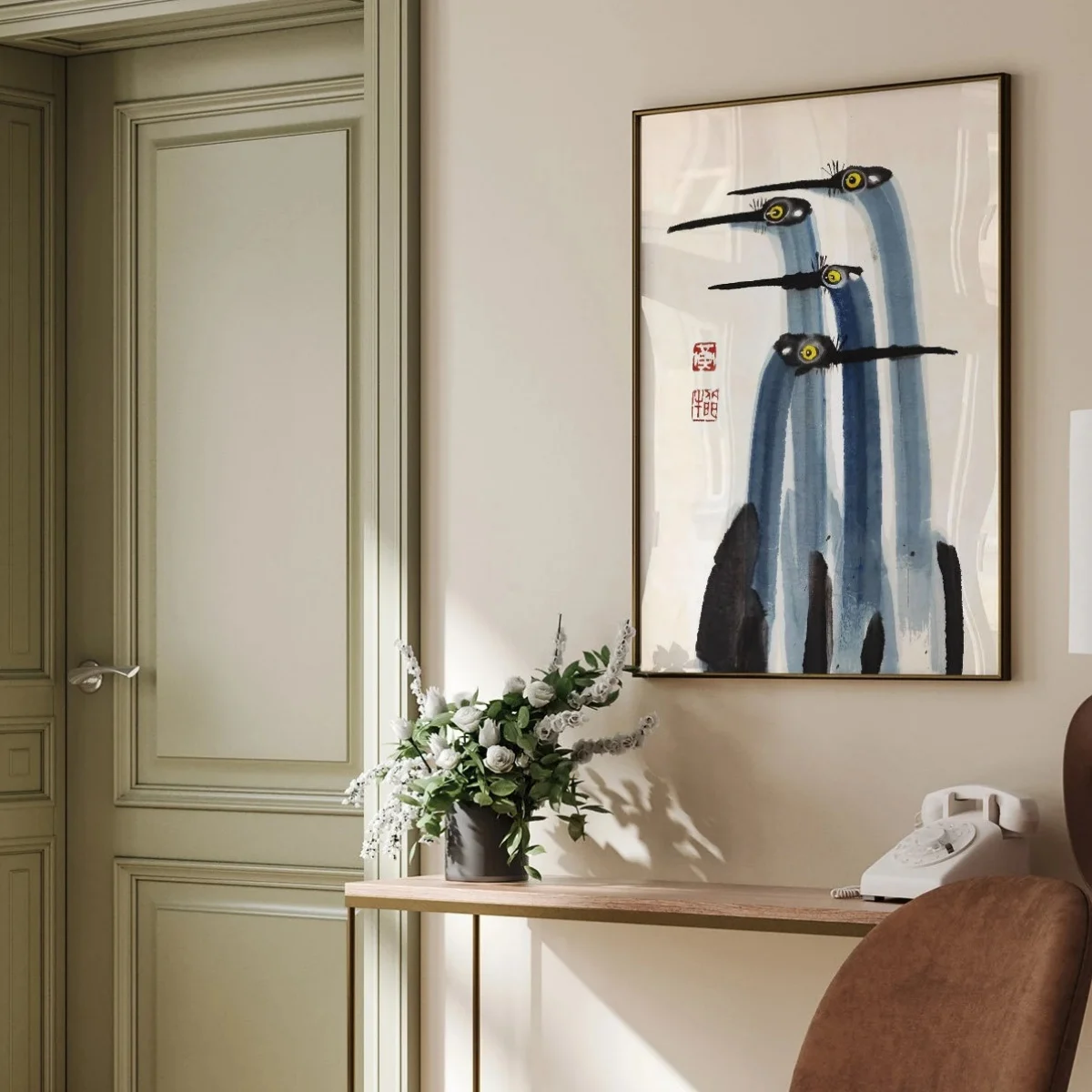 اليابانية العتيقة كرين قماش طباعة المشارك خمر Japandi مزرعة الفن يطبع غرفة المعيشة غرفة نوم جدار ديكور فني ملصق