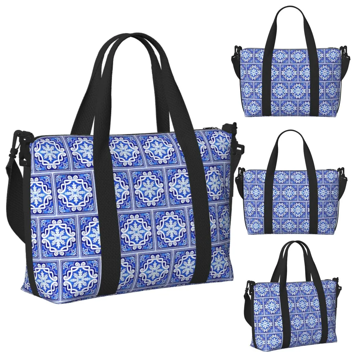 

Custom Azulejo Portuguese Tile Watercolor Artwork Beach Travel Bag Tote Bags for Gym Yoga Women Shopping Duffle Shoulder Bag