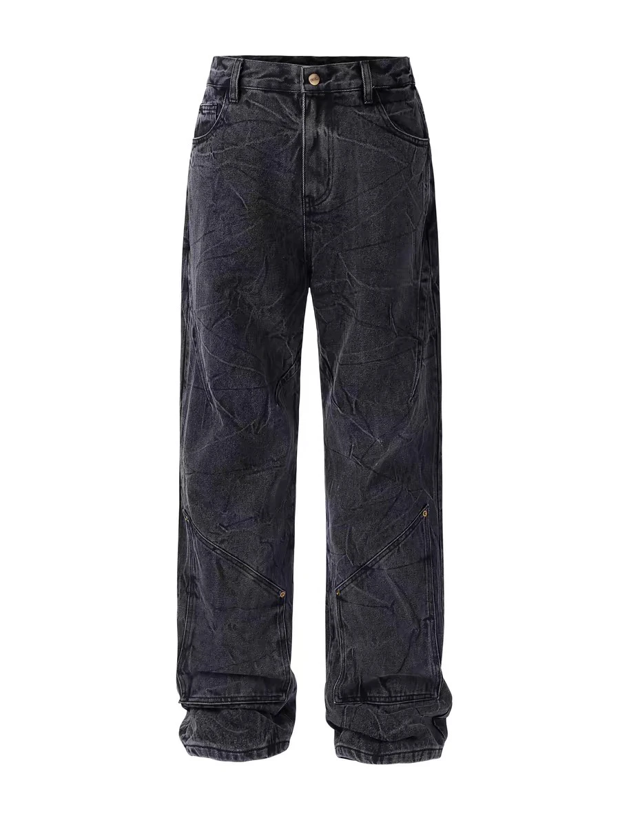American Sle Cleanfit Retro Snowflake Waed Jeans Pria Heavy Du Vintage Pola Gelombang Kaki Lurus Kasual Katun Denim
