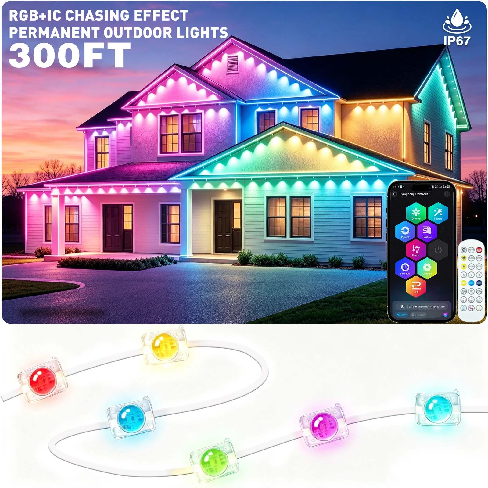 300ft Waterproof Permanent Outdoor RGBIC Lights String, Gradient Square Eave Lights App & Remote Control Lights with Music Sync, DIY Scene Modes for House Eaves, Christmas, Halloween