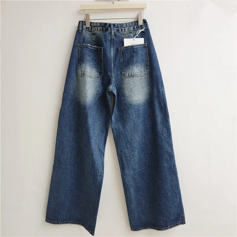 ANJY Spring Autumn New Women American Style High Street Metal Buckle Design Jeans Loose Vintage Washed Trendy Denim Pants A28224