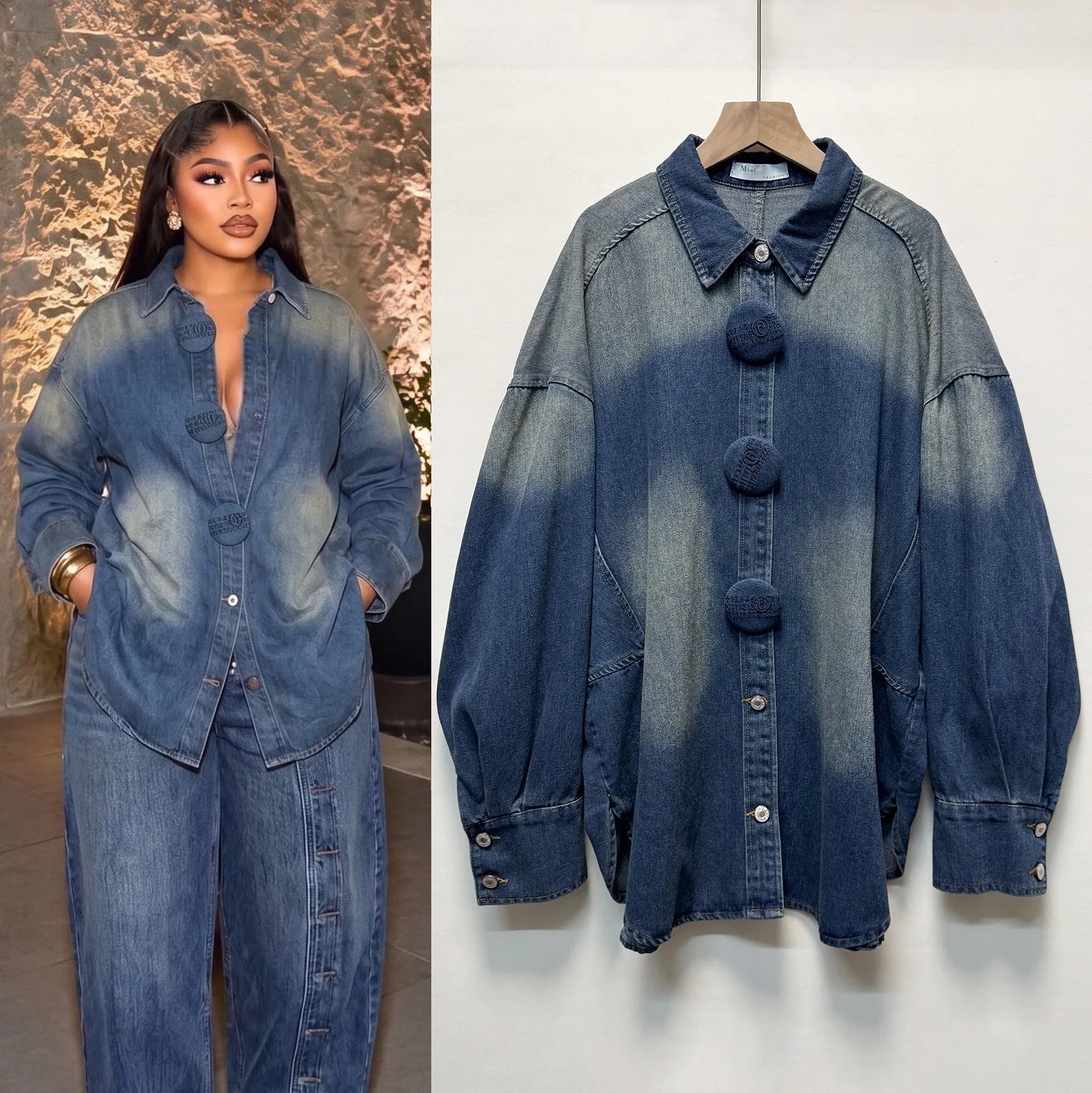 Women's Lapel Long Sleeve Gradient Denim Shirt Soft Breathable Elegant Casual Commute Versatile Trendy Daily Outfit Denim Shirt
