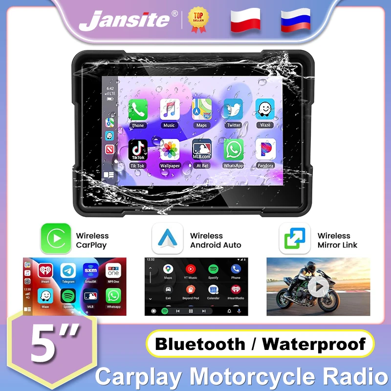 

Jansite 5 "Carplay для мотоцикла, радиомонитор, сенсорный экран, беспроводной, Android, автомобильный водонепроницаемый, мотоциклетный плеер, Bluetooth Mirror-link