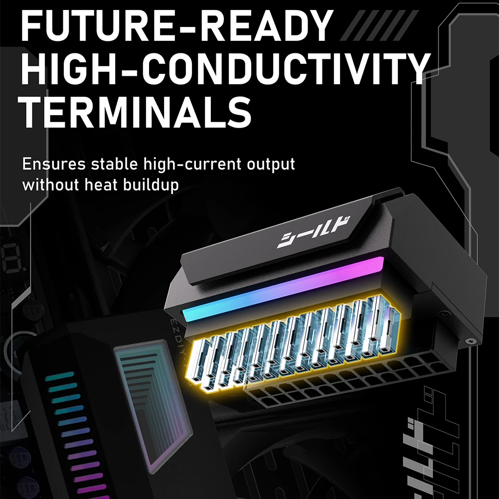 Adaptateur de Prise d'Alimentation ATX 24 Broches vers 180, Résistant, avec Miroir Extron, Lumière ARGB, Femelle vers Mâle, Angle 24 Broches