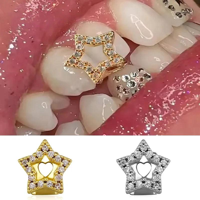 Iced Out Five-Pointed Star Single Teeth Grillz Zircon Tooth Caps Decor Dental Grills For Women Men Punk Jewelry