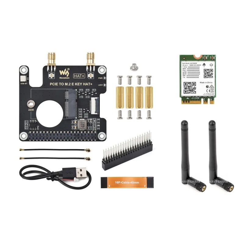 PCIe a M.2 E KEY HAT para Raspberry Pi 5, Compatible con NGFF (M.2 E Key) Wireless NIC, Compatible con conexión USB Bluetooth, HAT+