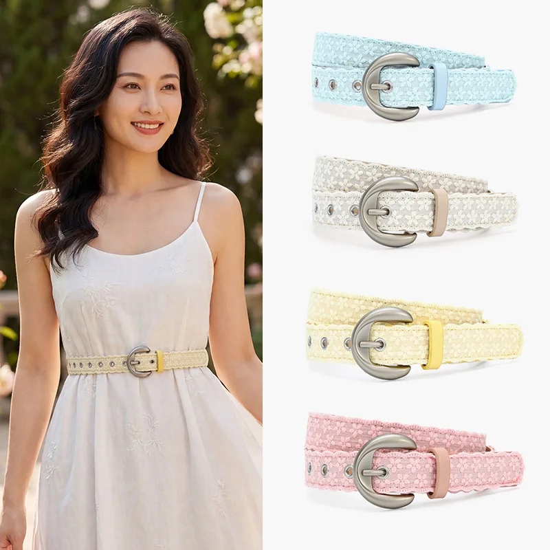 Trendy Niche Macaron-Colored Lace-Embroidered Belt; Fresh, Instagram-Style Versatile and Unique Women’s Leather Belt
