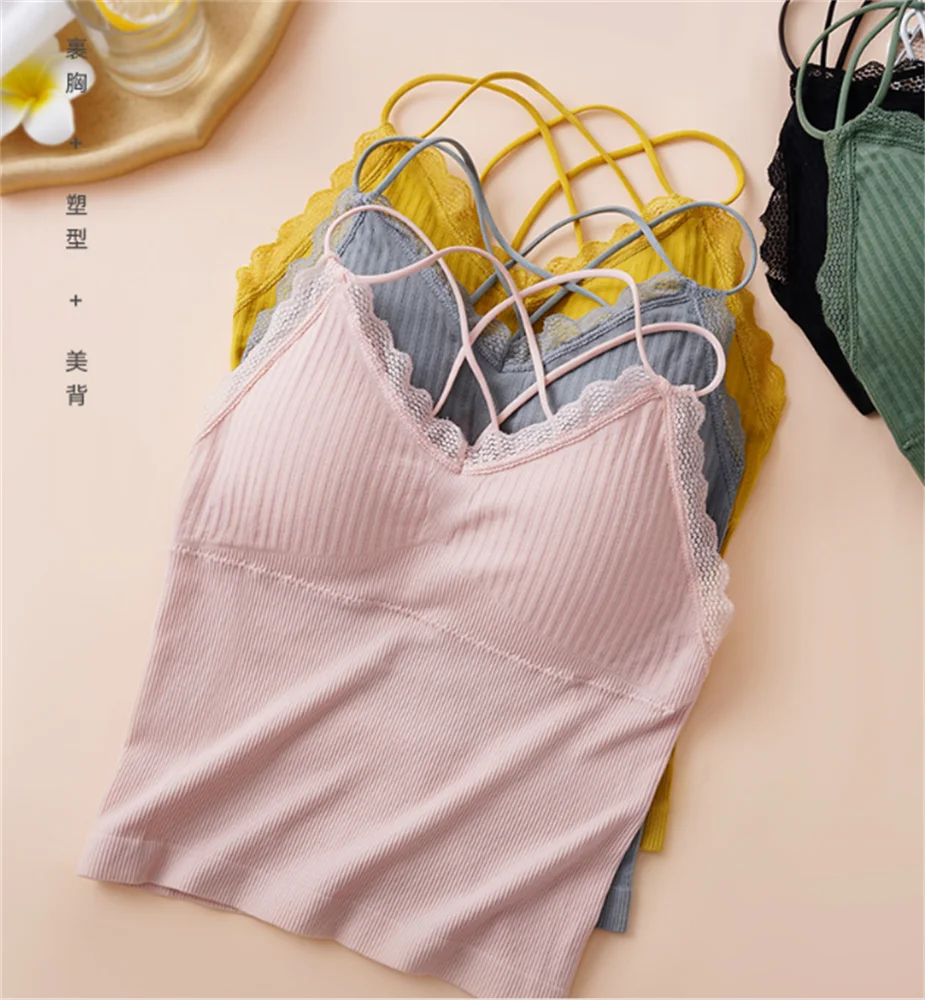 Seamless Striped V-neck No Steel Ring Beauty Back Belly Tube Top Running Shock-proof Sports Wrap Chest Vest Underwear Women