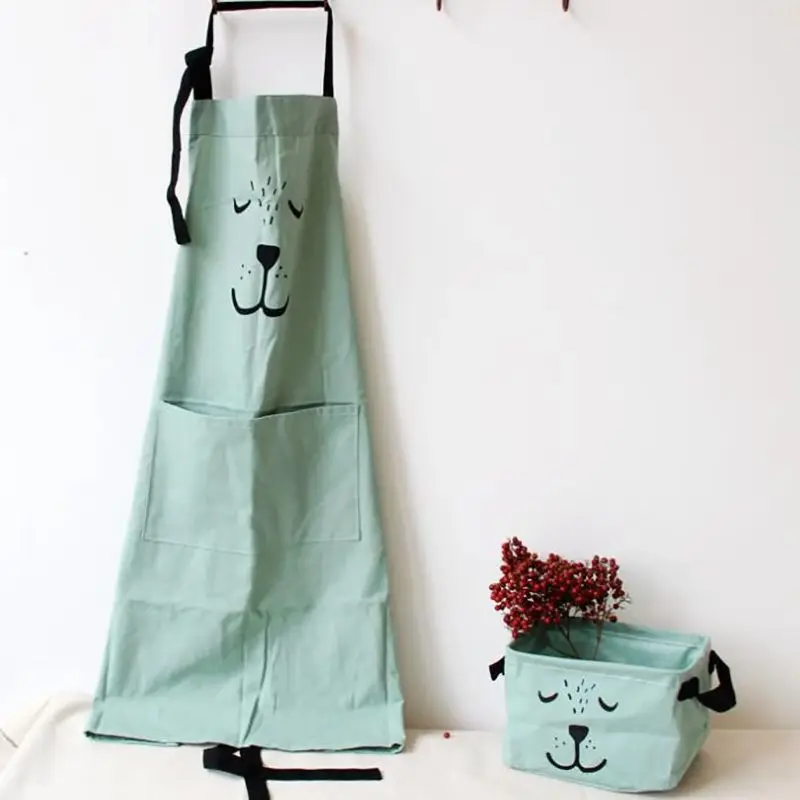 Cartoon Cotton Linen Bib Apron Solid Color Kitchen Cooking Apron with Pocket Clothes Gift for Adult Children Gardening Works