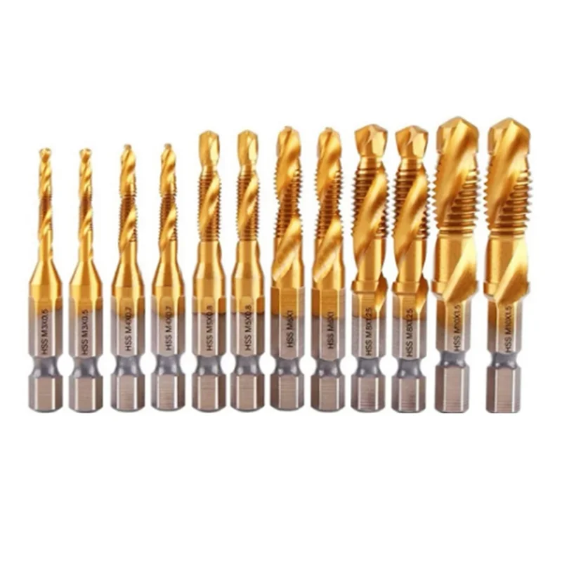 AC88-12Pcs Titanium Coated HSS Tap Drill Bits Set Hex Shank Screw Thread Bit Screw Machine Compound Tap M3 M 4 M5 M6 M8 M10