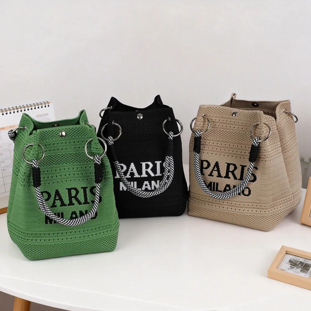 Fashion Hollow-Out Letter Knit Bag Tote Foldable Portable Commuter Woven Soft Yarn Fly-Knit Market Basket Handbag