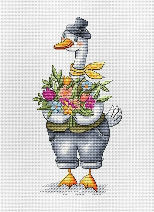 Embroidery Cross Stitch Kits Craft DIY Needlework Cotton Canvas Green Mr. Duck with Flowers 21-31 32CT 28CT Metallic aida