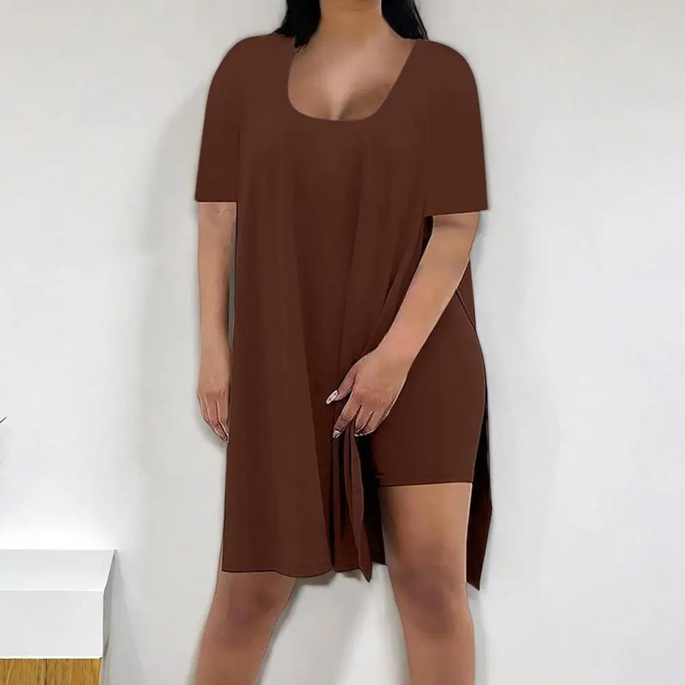 Soft Polyester Spandex Set Stylish Plus Size 2 Piece Outfits for Women Side Split Tunic Tops Biker Shorts Sets Square for Ladies