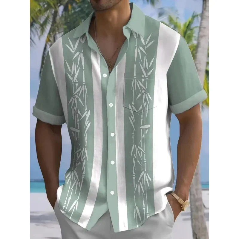 Bamboo Leaf Hawaiian Shirts For Men Stripe Color Block 3D Printed Tops Short Sleeve Fashion Streetwear Lapel Button Blouse