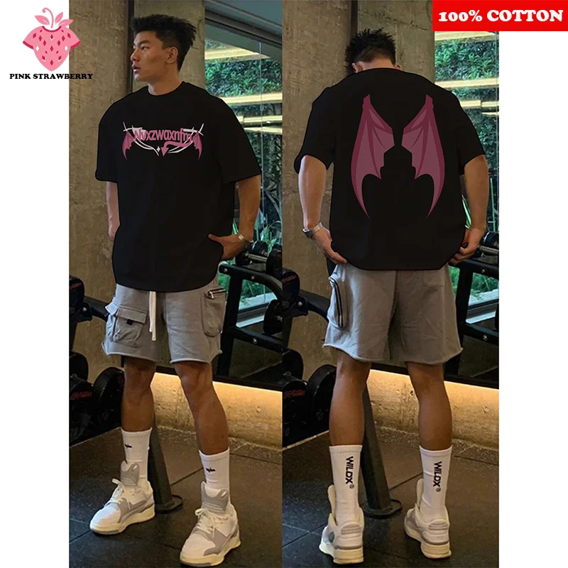 

American style Bat wings Print T-shirt Men Summer 2025 New 100%Cotton Short sleeve Hiphop Street Sport Tee Y2k Top Male clothing