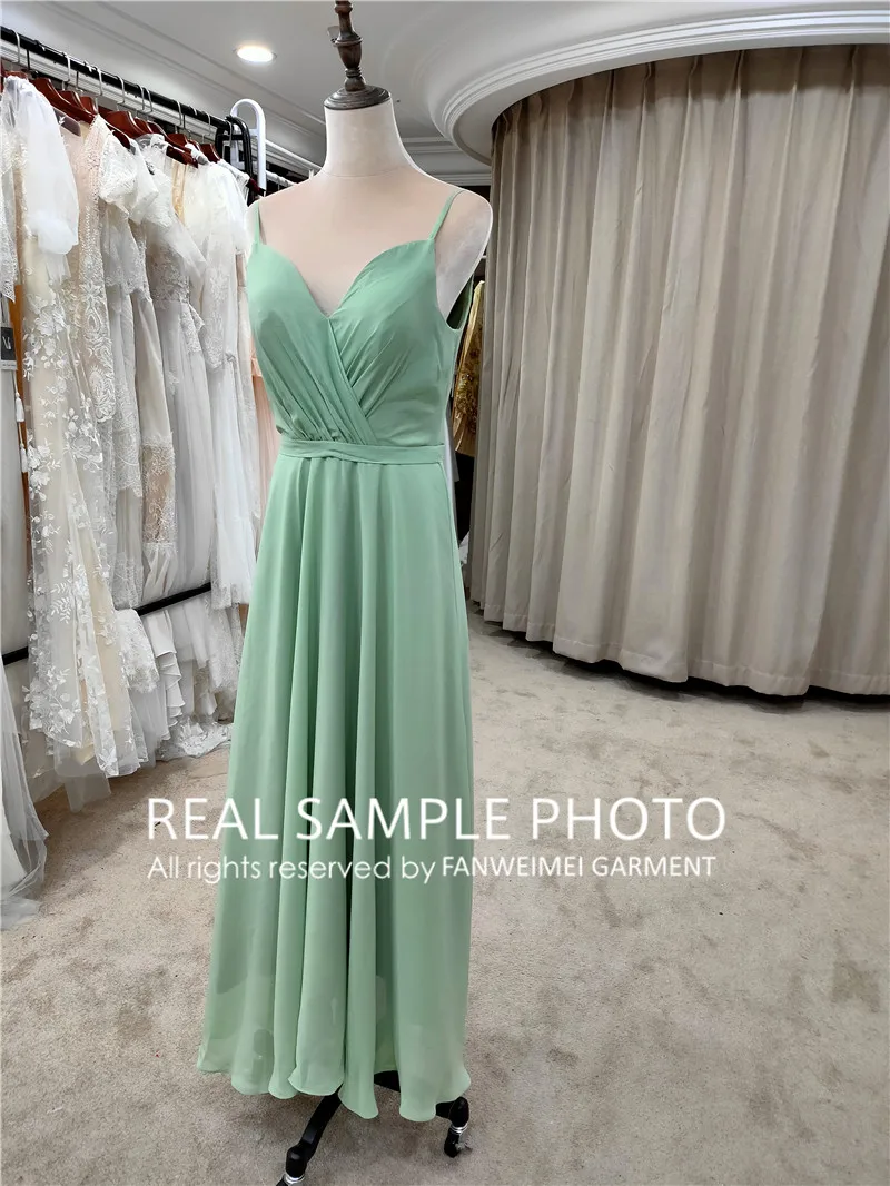 # 9068 foto real cinta de espaguete com decote em v personalizado verde vestido de dama de honra vestido adulto destino convidado vestido de dama de honra