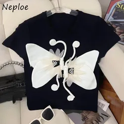 Neploe Heavy 3D Butterfly O-neck T-shirts Y2k Short Sleeve Black Tops Women 2024 Summer New Slim Fit All-match Tee Shirt