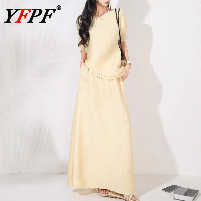 

YFPF Solid Miyake Pleated Design Women's Set Short Sleeve Pullover Tops + A Line Long Skirts Elegant 2025 New Clothing Fashion