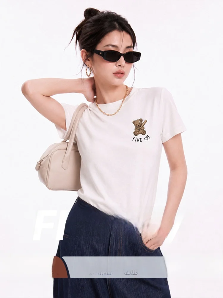 Dark Bear Print Short Sleeve T-Shirt Women's Summer Sweet Cool Style Age Reduction Versatile round Neck Top FIVE CM
