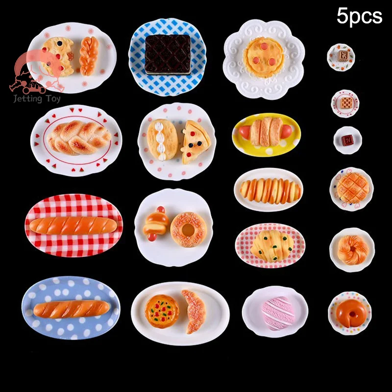 5Pcs 1/12 Dollhouse Cartoon Food Plates Dollhouse Mini Kitchen Plates Decoration Dolls House Accessories Pretend Play Toys