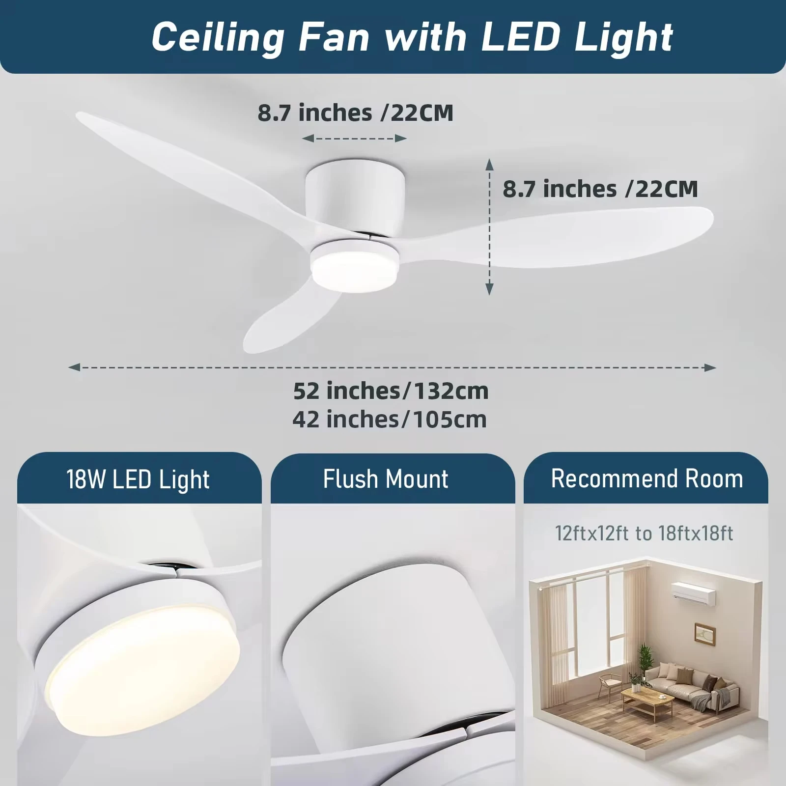 Modern Ceiling Fan LED Light DC Motor High Air Volume, Remote Control, Unlimited Dimming, Kitchen, Bedroom, Dining Room, Terrace