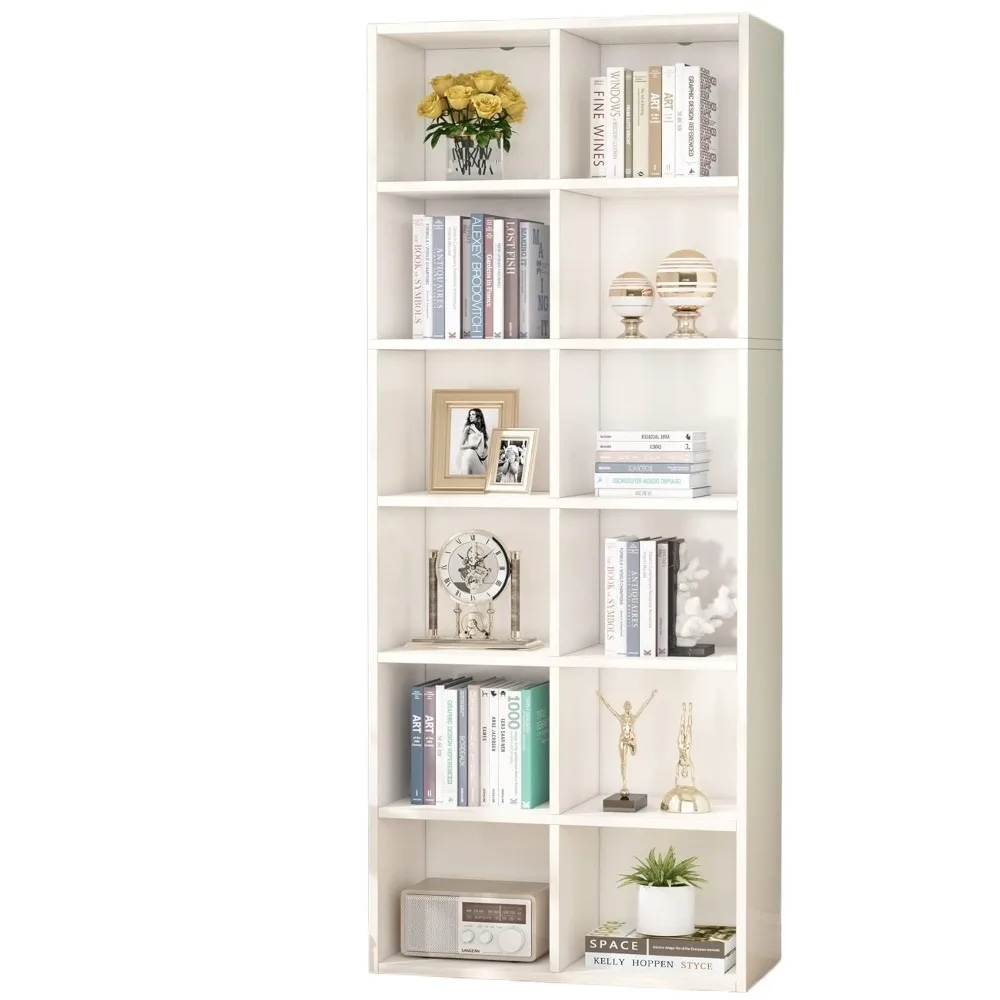 71.65 Inch Tall Narrow Bookcase Bookshelf, White Modern Bookcase with 12 Cube Storage for Home Office, Vertical or Horizontal