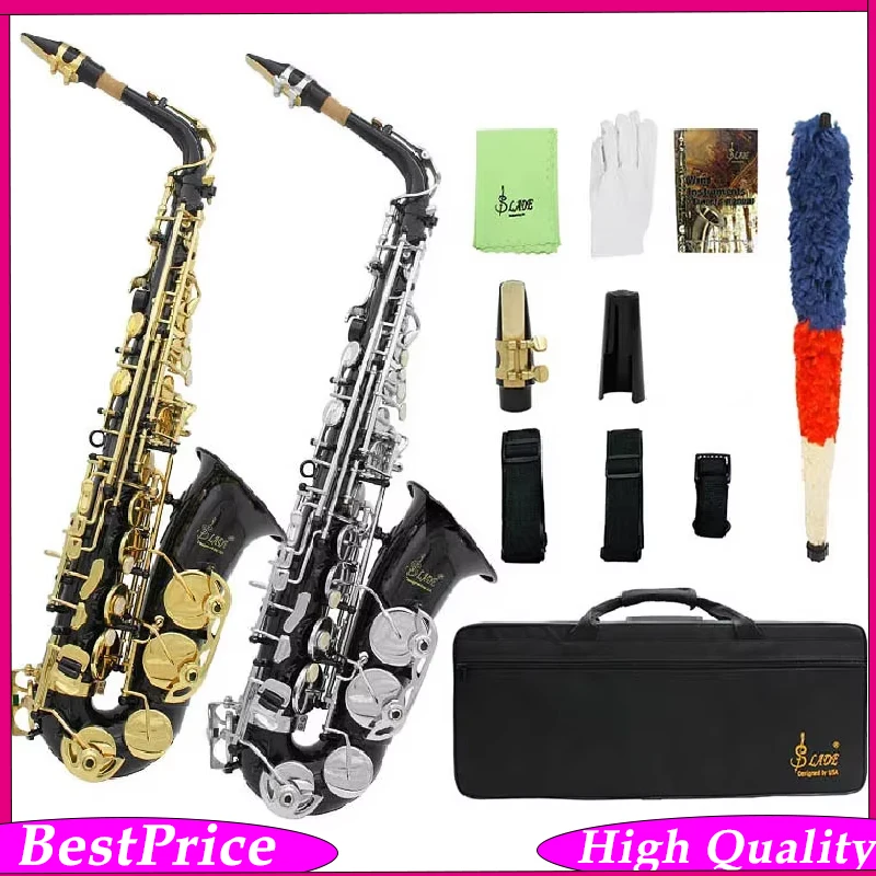SLADE Eb Alto Saxophone – Professional Brass Body with Gold/Silver Keys Alto Sax Hand-Carved Patterns & White Shell Buttons