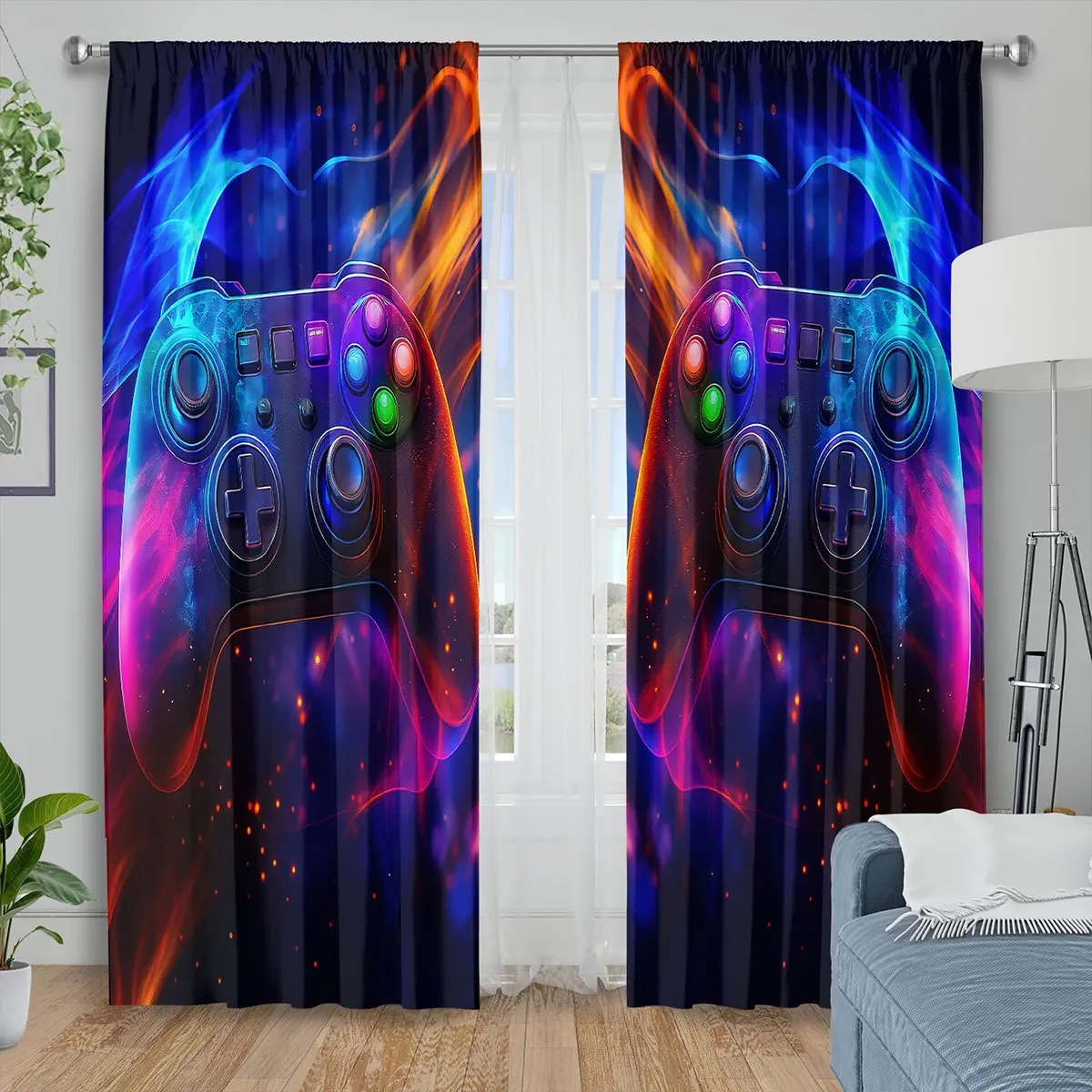 Neon Game Controller Curtains, Cool Gamer Room Decor Blackout Drapes, Colorful Joystick Print for Boys Bedroom
