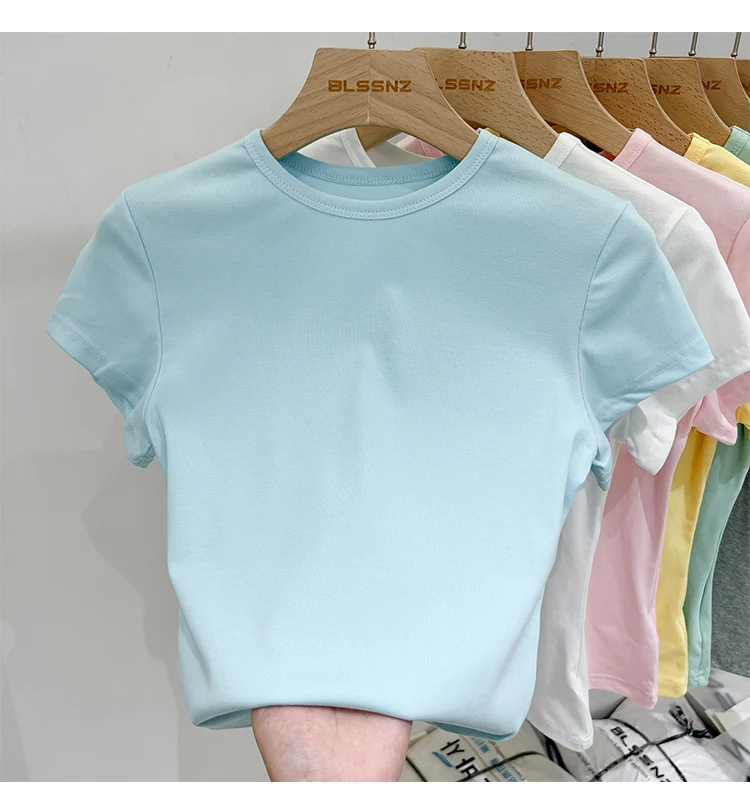 Zjaiss 2026 Sommer Neues Design Slim Fit Basic Top Trendiges Damen Baumwoll-Kurzarm-T-Shirt Einfarbig Vielseitiges O-Neck Tee – Detail 14
