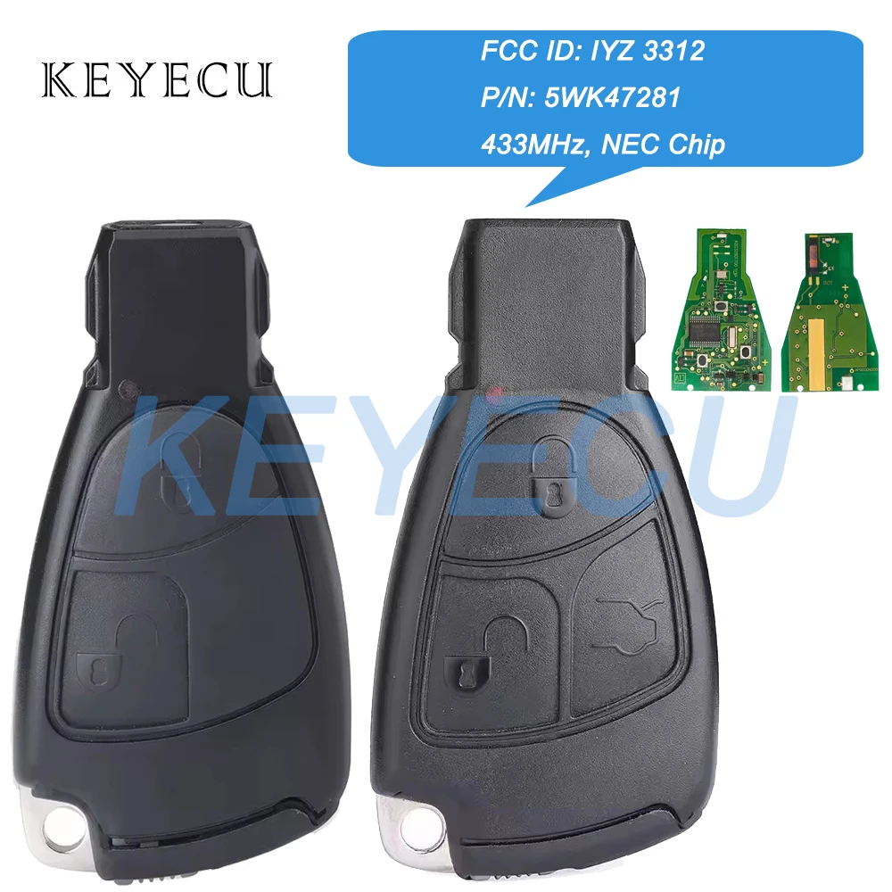 Keyecu-スマートリモコンキーフォブ,fcc id: iyz 3312,necチップ,2または3ボタン,メルセデスベンツw169,w202,w203,w208,w210,w245,433mhz