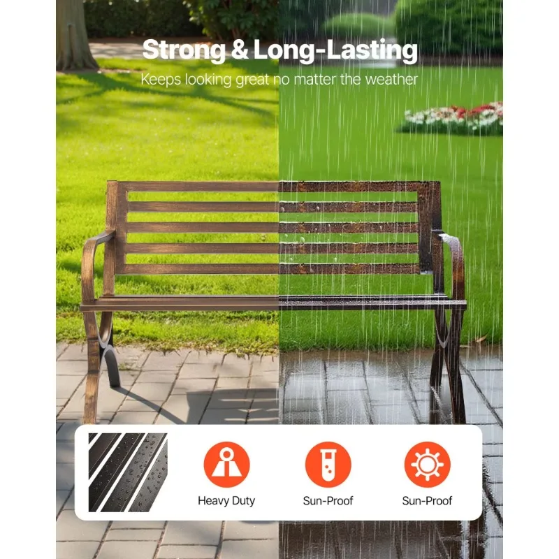Outdoor carbon steel bench with backrest and round edge armrest patio furniture