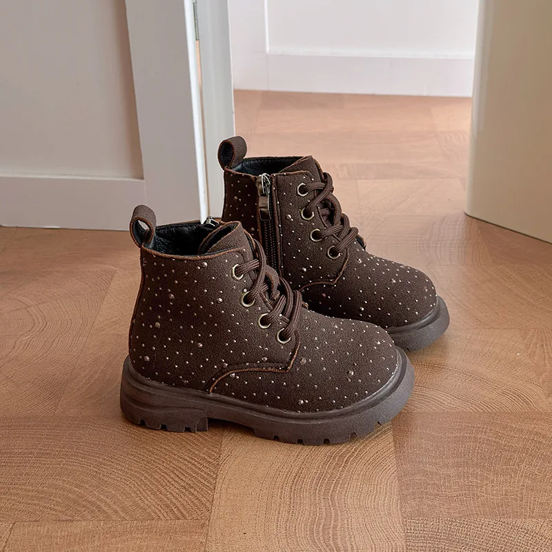 Rivet Solid Children Fashion Boots PU Leather Plush Warm Boys Girls Boots Zip Winter Anti Slip Kids Ankle Shoes