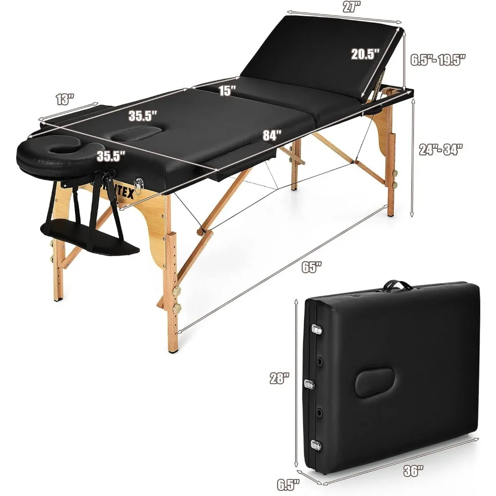 Giantex 84inch Folding Massage Table Lash Bed, Portable 3 Sections Spa Salon Tattoo Bed with Face Cradle Armrests Wooden Legs