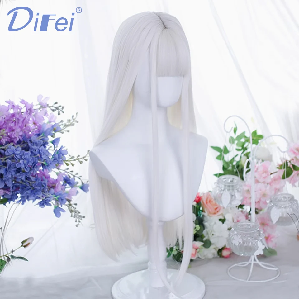 DIFEI White Long Straight Synthetic Wig Female Elegant And Fresh Lolita Straight Bangs Straight Hair Cosplay Party Wig