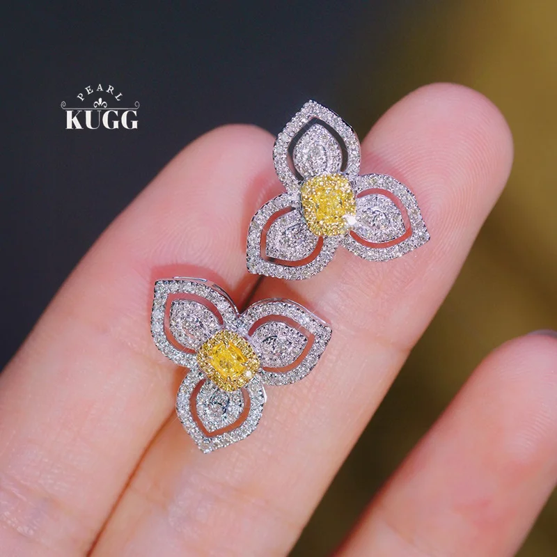 KUGG 100% 18K White Gold Earrings Elegant Clover Shape Real Natural Yellow Diamond Stud Earrings for Women High Wedding Jewelry