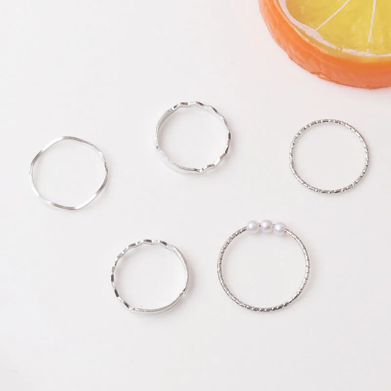 5pcs/set Women Rings Set New Boho Style Wave Shape Rings Gold Color Metal Open Rings Imitation Pearls Fingers Accessories view 4
