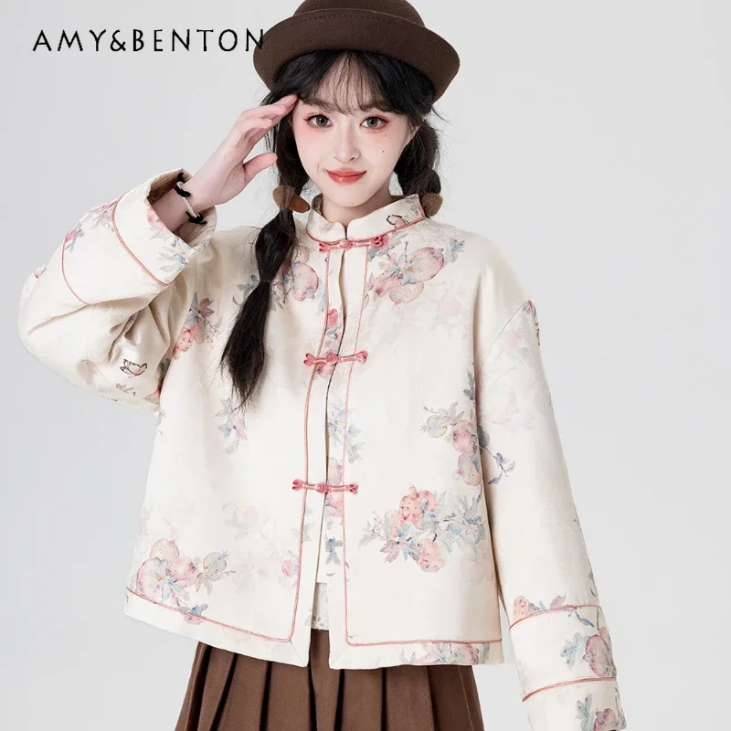 

2024 New Autumn Sweet New Chinese Button Printed Long Sleeve Top Jacket For Women