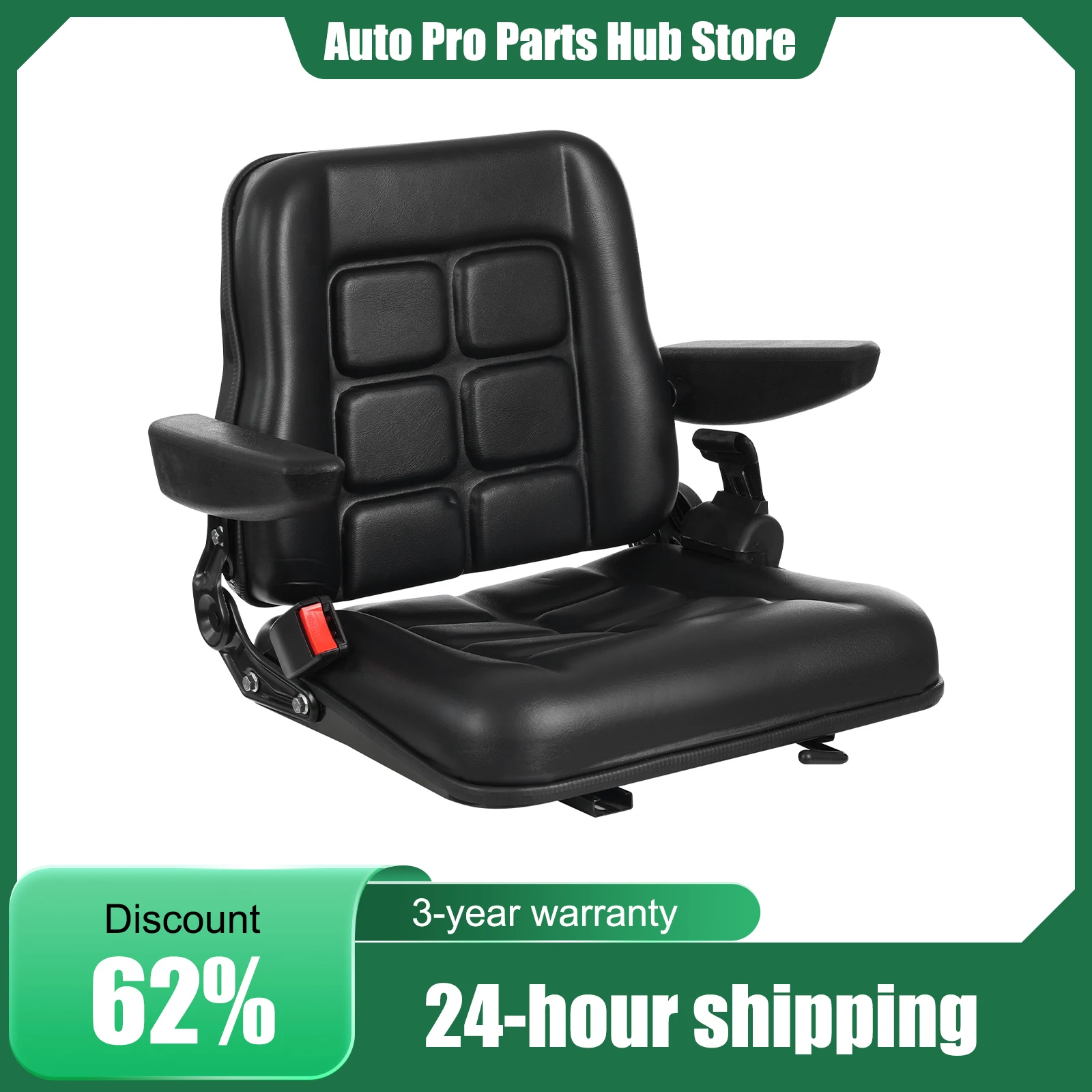 Adjustable Backrest Seat, Lawn Mower Tractor Seat, Forklift Excavator Seat, with Safety Belt and Armrest, 100kg Load Bearing