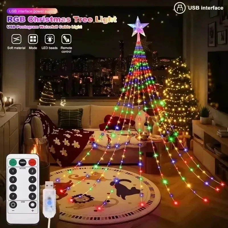 200LED 2M Star Waterfall Fairy Lights USB 8 Modes Remote Lamp Indoor Outdoor Christmas Home Decoration