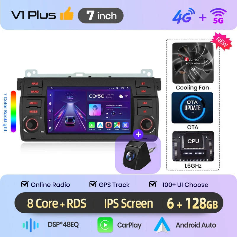Junsun 7 inch draadloze CarPlay Android Auto autoradio voor BMW E46 M3 318 320 325 330 335 Multimedia draadloze Apple CarPlay Smart Intelligent Systems IPS touchscreen stereo videospeler 2 Din