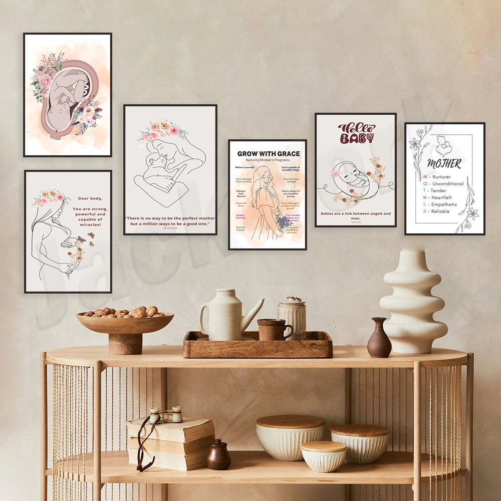 Floral Motherhood poster, little finger, little toe quote, uterus, fetal anatomy, embryo line art, mom definition, new mom gift