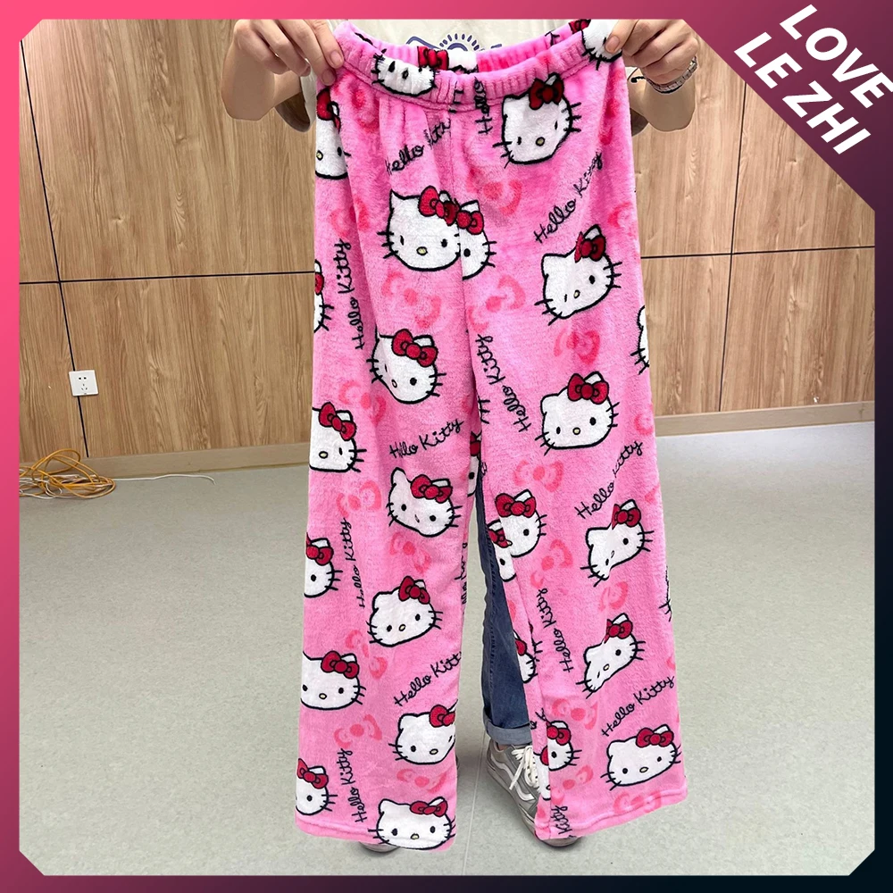 Sanrio Hello Kitty calças de flanelpara mulheres, calça quente, pijama solto, moda anime kawaii, calça casual para casa, outono, inverno