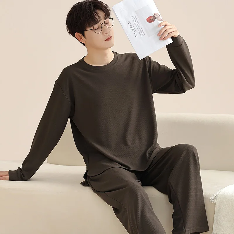 Autumn Pajamas Spring New Pants Two-piece Men's Cotton Youth Sleeved Long Home Clothing Set Korean Simple Pjs Pyjamas Hombre